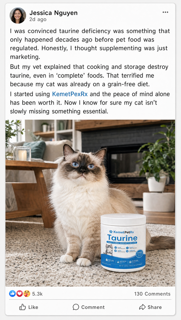 Review from Jessica Nguyen: her vet explained that cooking and storage destroy taurine, and KemetPetRx gives her peace of mind. Photo of her cat with a tub of Taurine.
