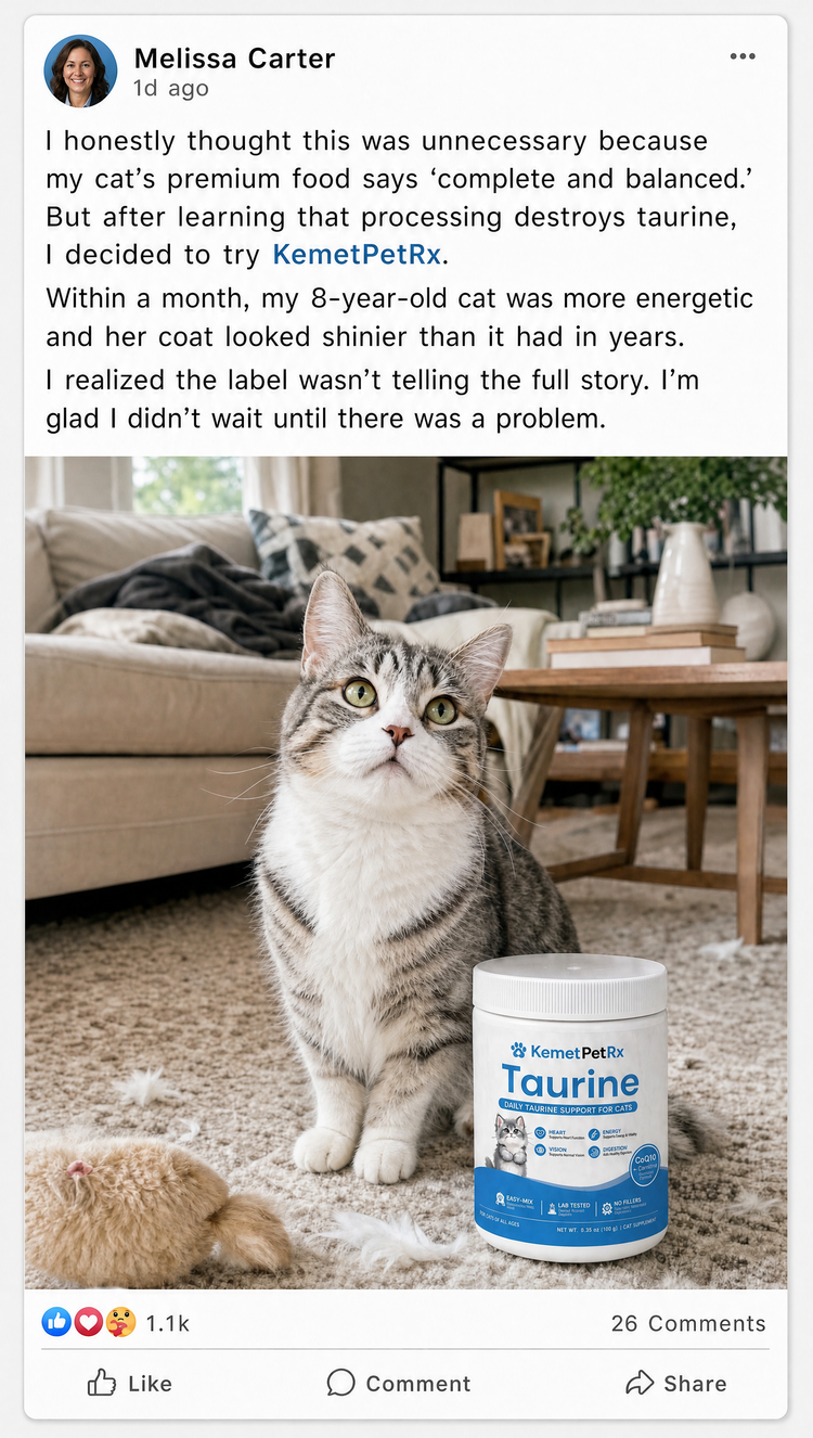 Review from Melissa Carter: within a month her 8-year-old cat was more energetic with a shinier coat. Photo of her tabby cat with a tub of Taurine.